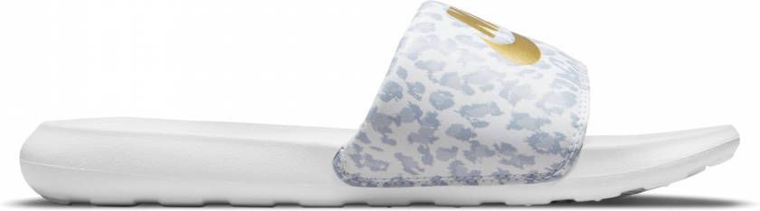 Nike Victori Slippers in witte luipaardprint met goudkleurige swoosh online kopen